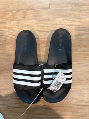 adidas Black Slide Sandals with White Triple Stripes